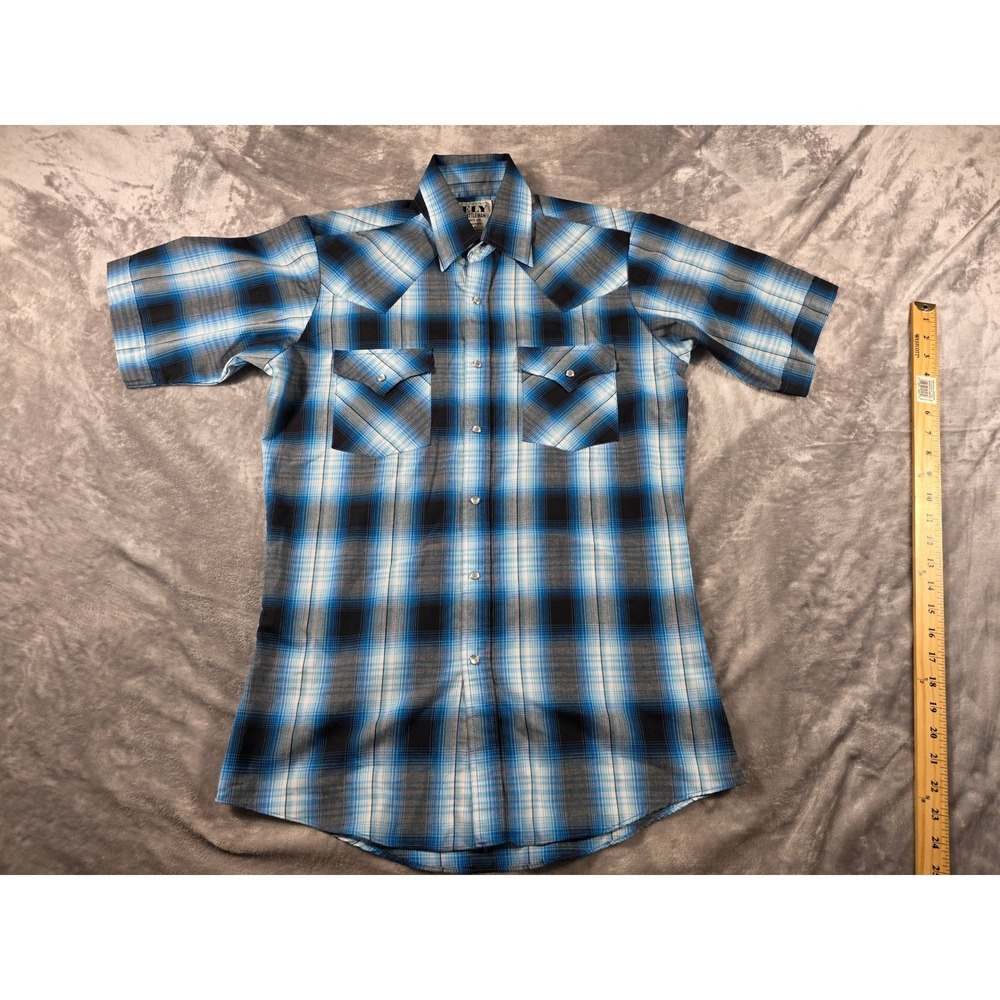 Ely Cattleman Western Shirt Mens Small Blue Plaid Pearl Snap Short Sleeve